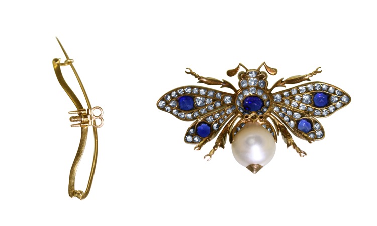 Antique Silver-Topped Gold, Sapphire, Diamond, Pearl and Ruby Bumblebee Brooch