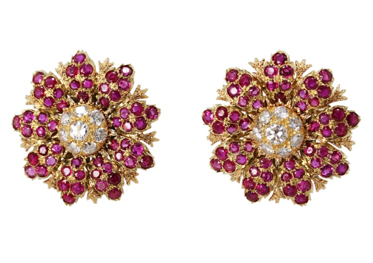 18 Karat Rose Gold, Ruby and Diamond Earrings by Buccellati, circa 1940
