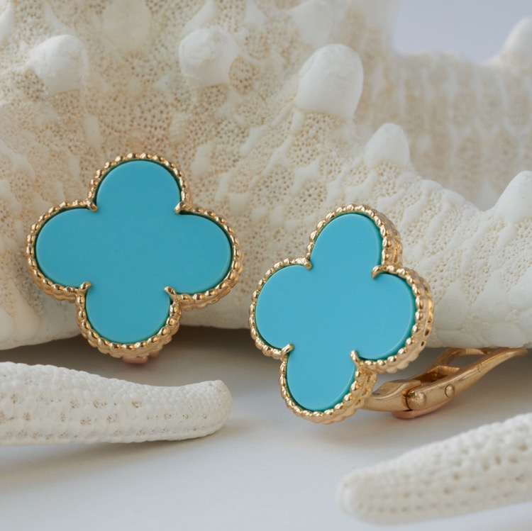 Pair of 18 Karat Yellow Gold Turquoise Super Vintage \"Alhambra\" Ear Clips by Van Cleef & Arpels