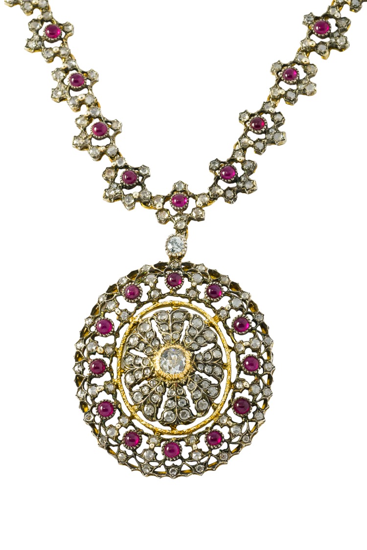 18 Karat Yellow Gold and Silver Ruby Diamond Necklace by Buccellati, circa 1920