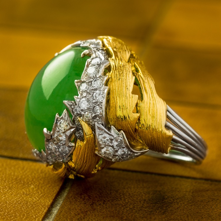 18 Karat Yellow Gold and Platinum, Jade and Diamond Ring by David Webb