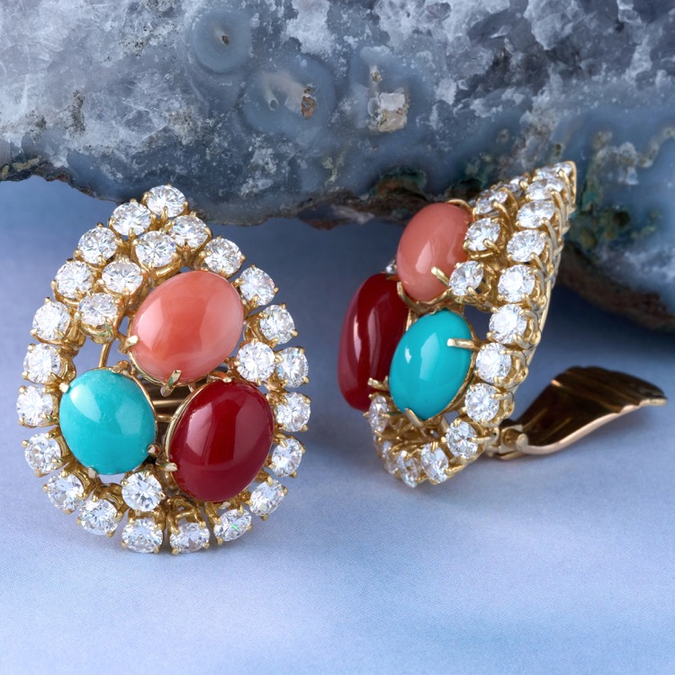 Coral, Turquoise and Diamond Earrings, 18 Karat Yellow Gold