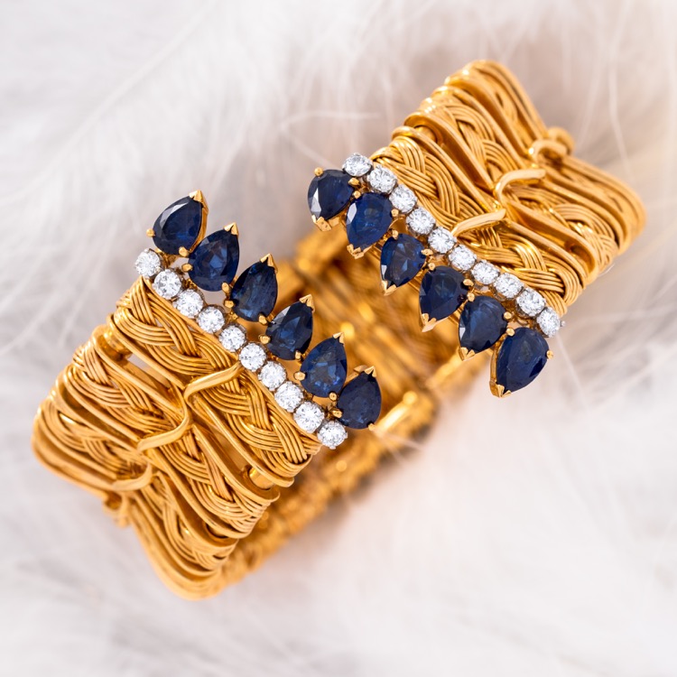 18 Karat Yellow Gold Sapphire and Diamond Cuff Bracelet