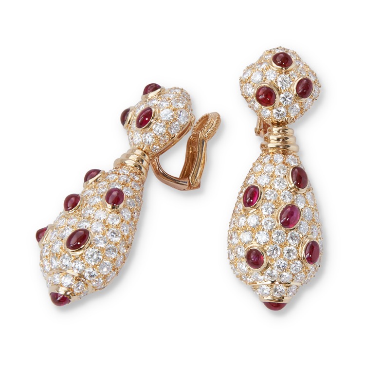 18 Karat Yellow Gold Ruby and Diamond Earrings, French