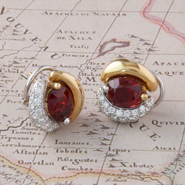 Pair of Burma No Heat Red Spinel and Diamond Earrings, French