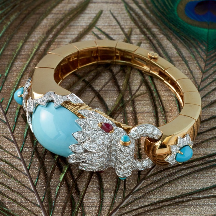 David Webb Turquoise and Diamond Chimera Bangle Bracelet