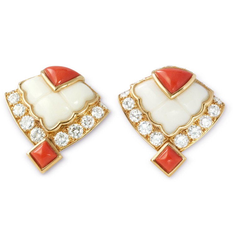 Vintage Mauboussin Coral and Diamond Earrings, French