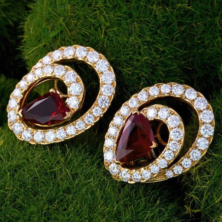 French Ruby and Diamond Earrings, 18 Karat Yellow Gold