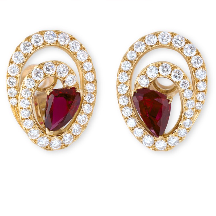 French Ruby and Diamond Earrings, 18 Karat Yellow Gold