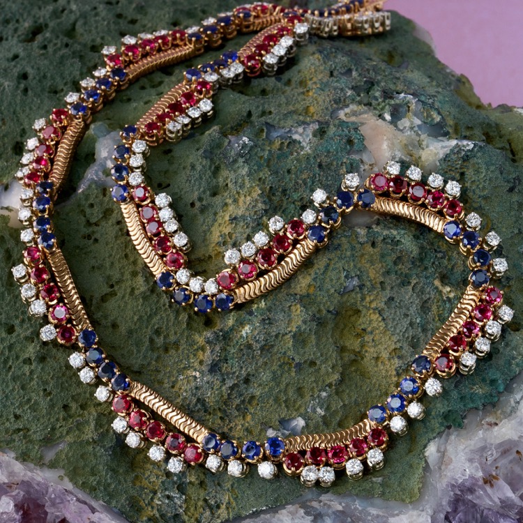 No Heat Burma Ruby and Sapphire Diamond Necklace, 18 Karat Yellow Gold, Italy