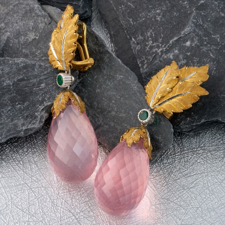 Buccellati Rose Quartz and Emerald Earrings, 18 Karat Yellow Gold