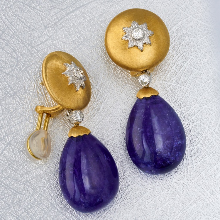 Buccellati Tanzanite and Diamond Earrings, 18 Karat Yellow Gold