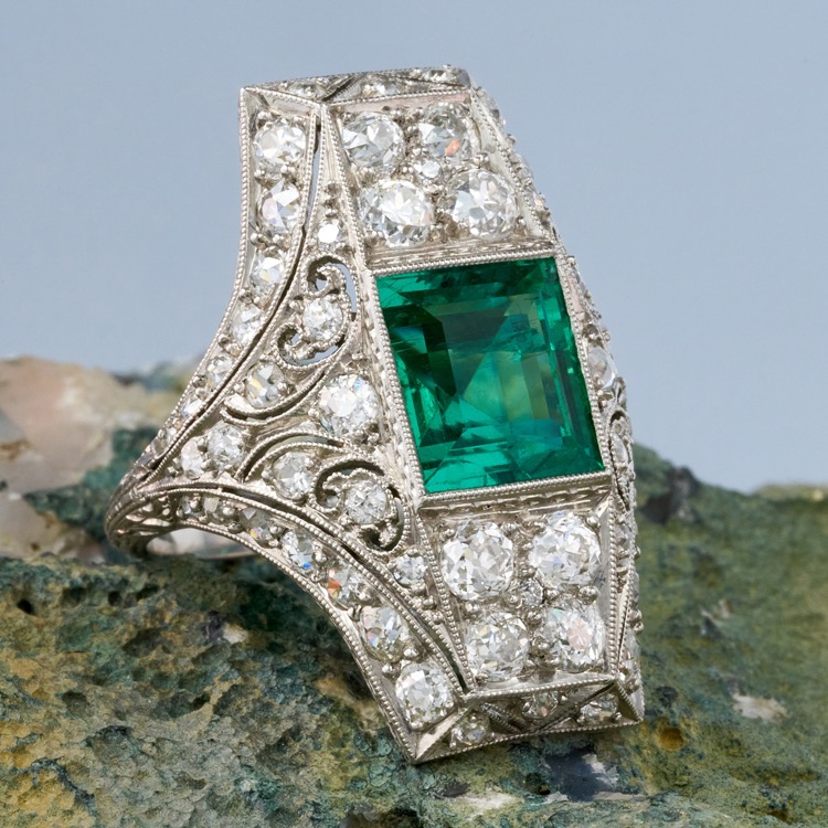 Art Deco Emerald and Diamond Ring, Platinum