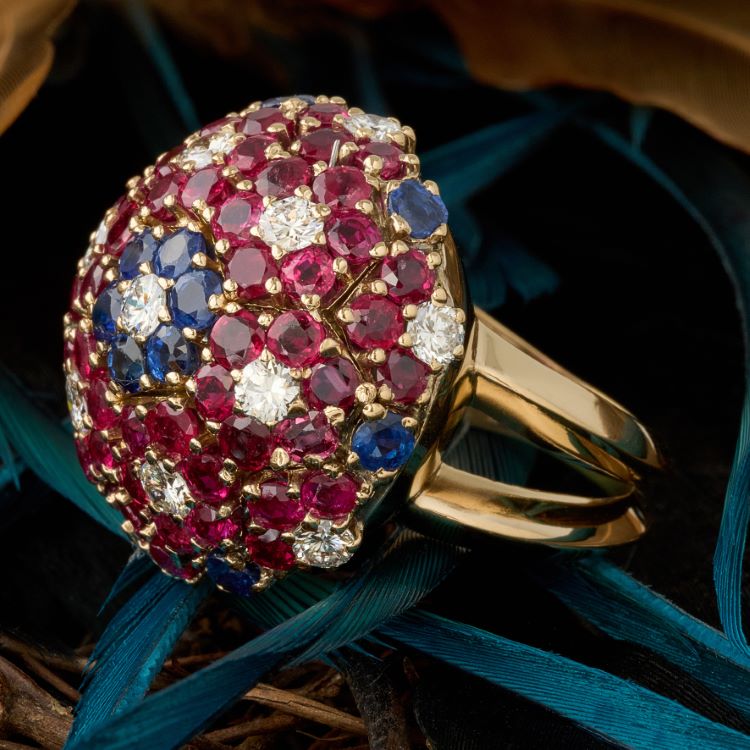 Retro Ruby, Sapphire and Diamond Ring, 14 Karat Yellow Gold