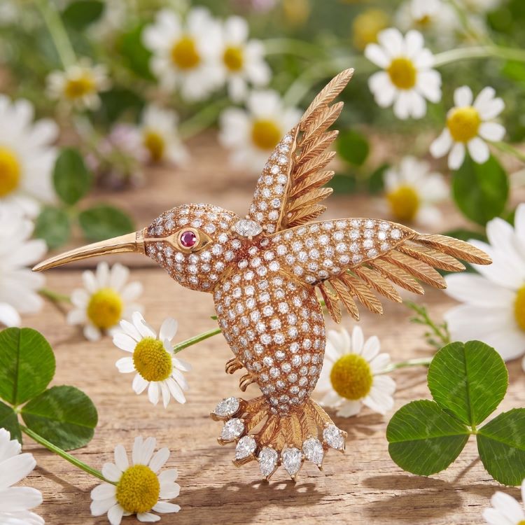 Diamond Hummingbird Brooch, 18 Karat Yellow Gold