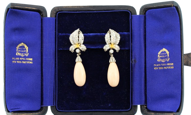 Pair of 18 Karat Gold, Coral and Diamond Earclips by Buccellati, Italy