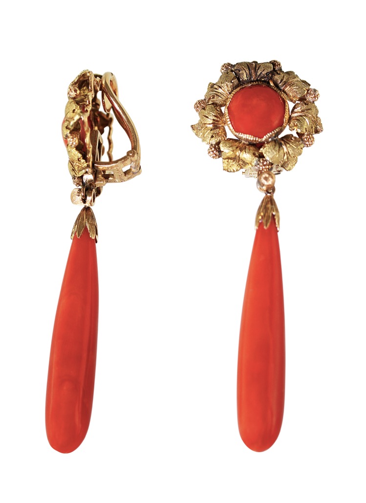 Pair of 18 Karat Yellow Gold and Coral Pendant Earclips by Buccellati
