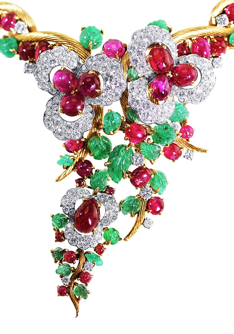 Suite of 18 Karat Gold, Platinum, Emerald, Ruby and Diamond Necklace, Brooch and Earclips by Mauboussin, Paris, 1962 to 1965