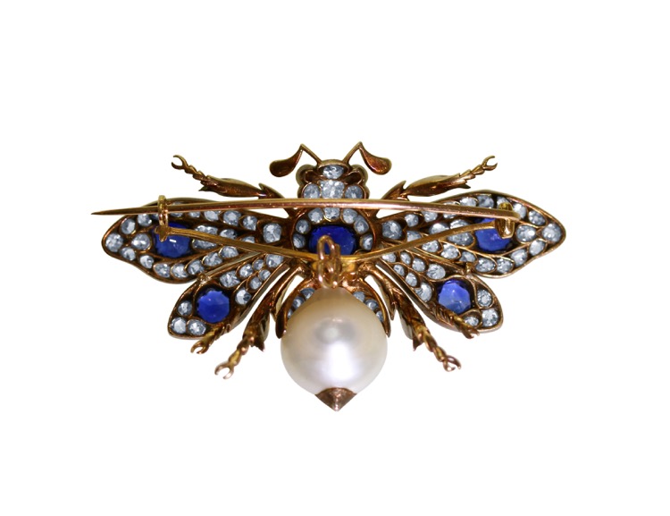 Antique Silver-Topped Gold, Sapphire, Diamond, Pearl and Ruby Bumblebee Brooch