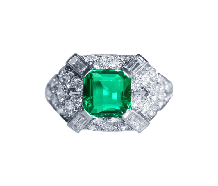 Art Deco Platinum, Emerald and Diamond Ring