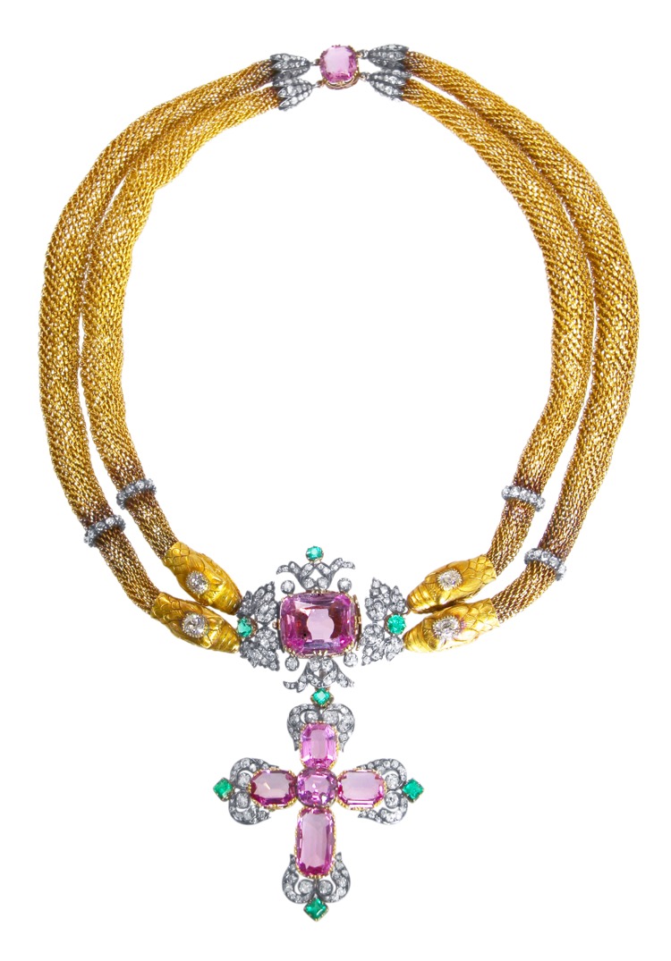 Antique 18 Karat Gold, Silver, Pink Topaz, Emerald and Diamond Necklace, circa 1820