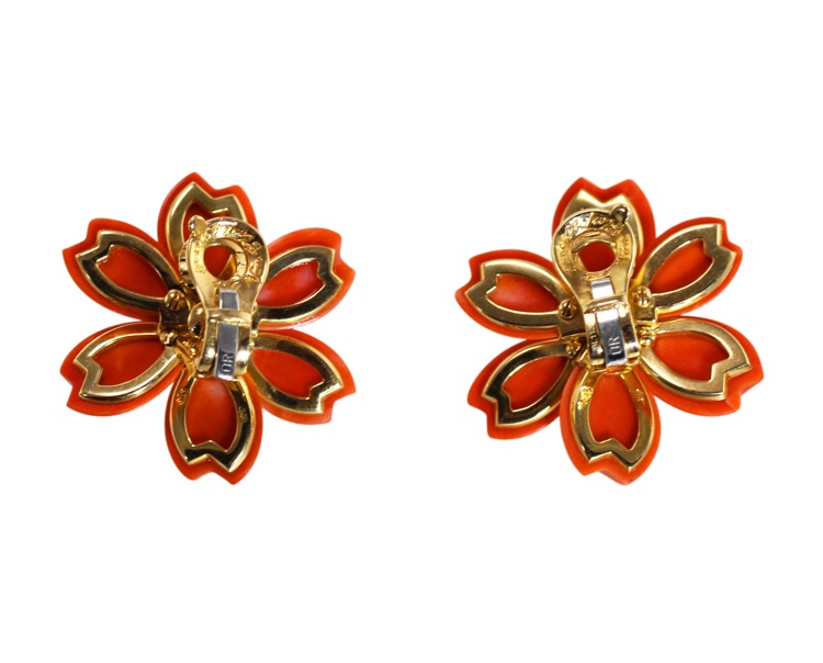 Pair of 18 Karat Gold, Red Coral and Diamond 