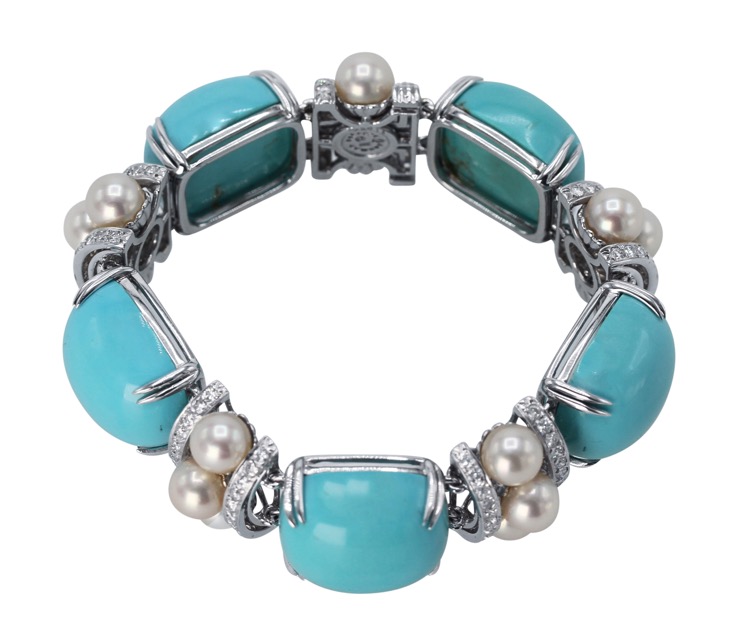 18 Karat White Gold, Turquoise, Cultured Pearl and Diamond Bracelet by Seaman Schepps