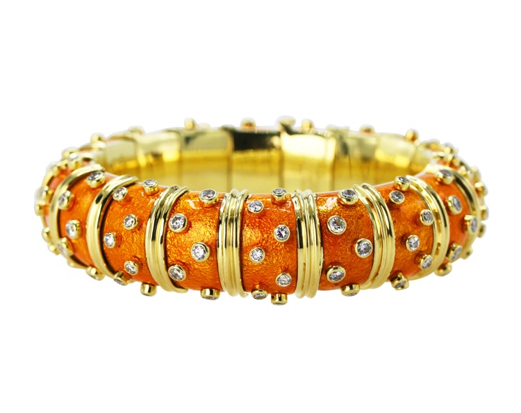 18 Karat Gold, Diamond and Paillonne Enamel Bangle Bracelet by Schlumberger for Tiffany & Co., France