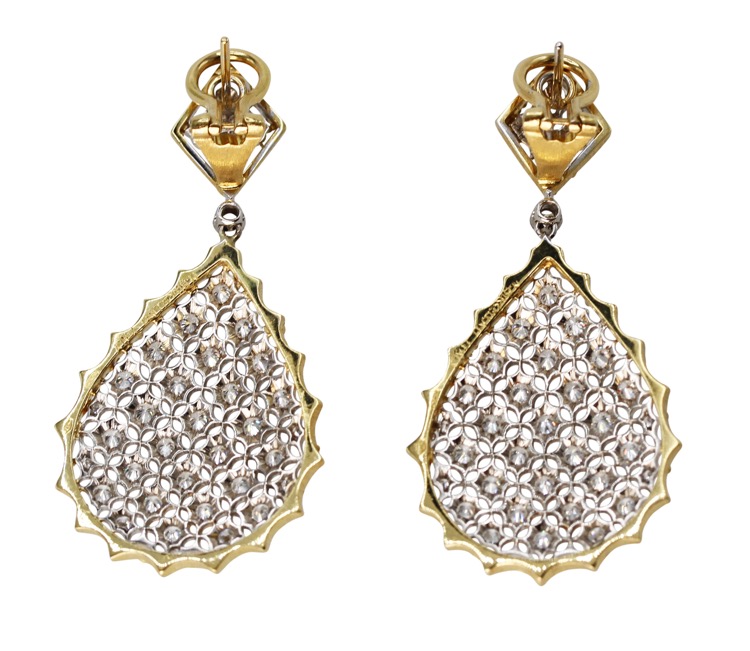 Pair of 18 Karat Two-Tone Gold and Diamond Pendant-Earrings by Buccellati, Italy