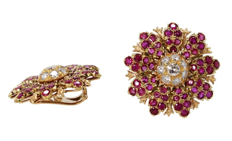 18 Karat Rose Gold, Ruby and Diamond Earrings by Buccellati, circa 1940