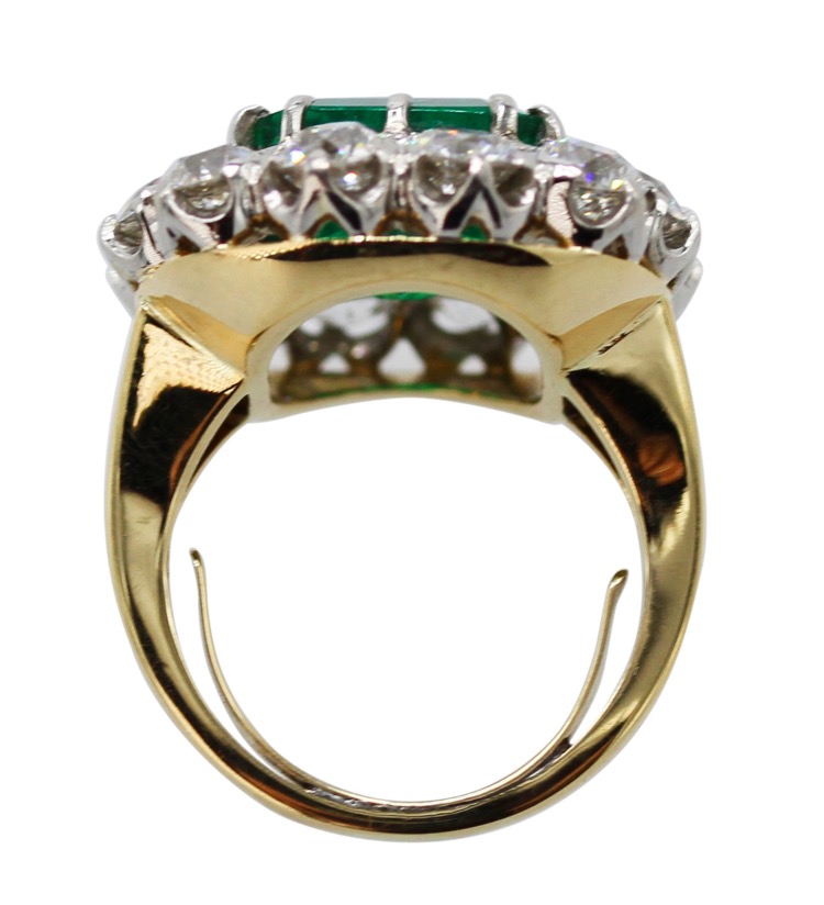 Antique 14 Karat Yellow Gold, Platinum, Emerald and Diamond Ring