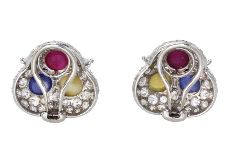 Pair of Platinum Cats-Eye, Ruby, Sapphire and Diamond Earclips