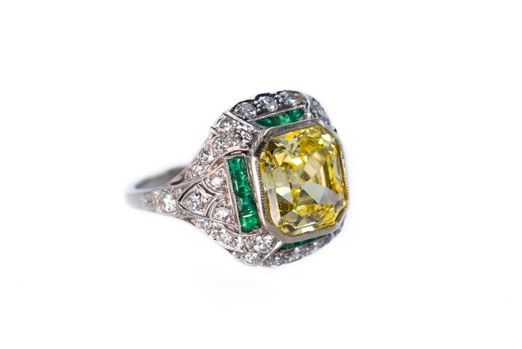 Art Deco Platinum Fancy Vivid Yellow Diamond and Emerald Ring