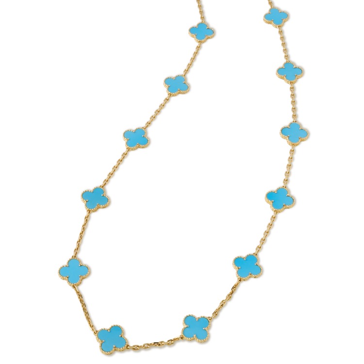 18 Karat Yellow Gold Turquoise 20 piece Alhambra Necklace by Van Cleef and Arpels