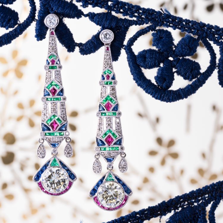 Diamond, Emerald, Ruby and Sapphire Earrings, Platinum