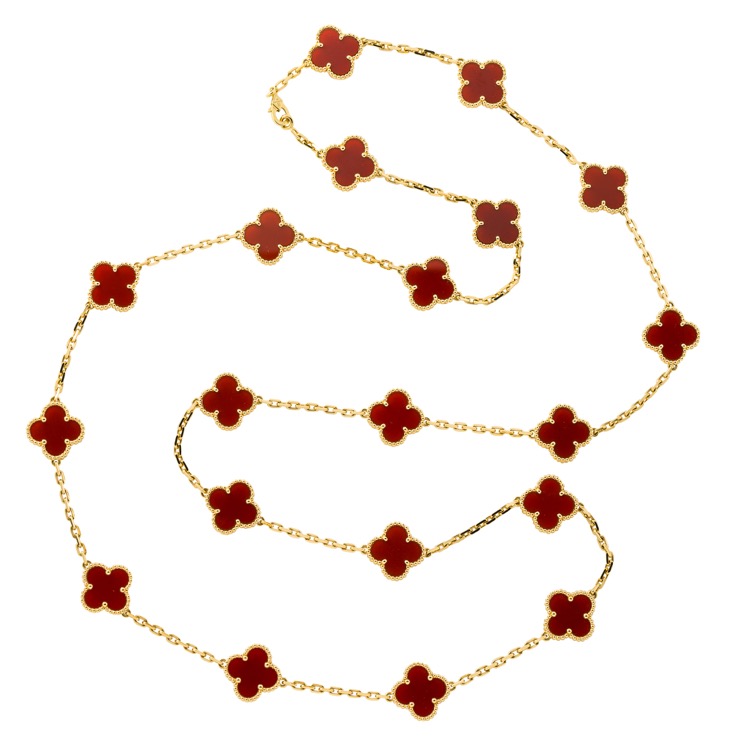 Vintage Alhambra long necklace, 20 motifs, yellow gold, carnelian

