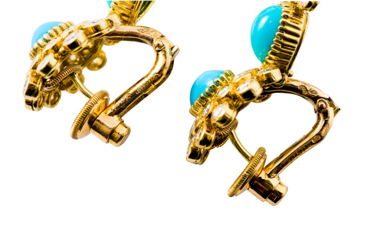 18 Karat Yellow Gold Turquoise and Diamond Earrings by Cartier, Paris