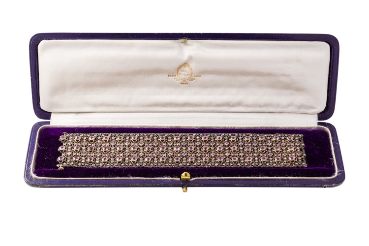 18 Karat Yellow Gold and Silver Pink Sapphire Diamond Bracelet by Buccellati, Circa 1920