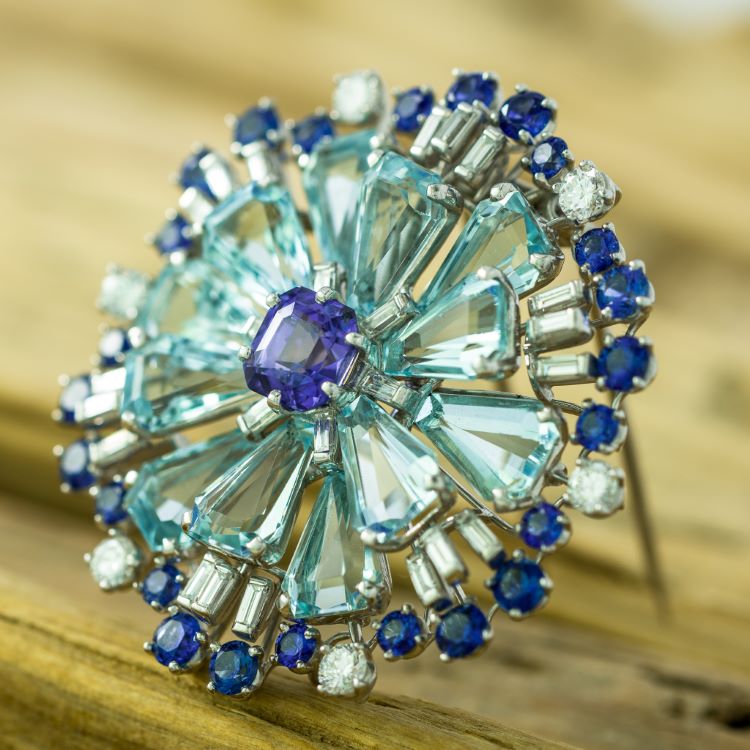 Platinum Sapphire, Aquamarine, and Diamond Brooch by Oscar Heyman