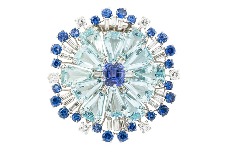 Platinum Sapphire, Aquamarine, and Diamond Brooch by Oscar Heyman