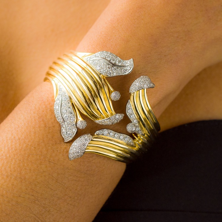18 Karat Yellow Gold, Platinum and Diamond Lily Bracelet by Verdura