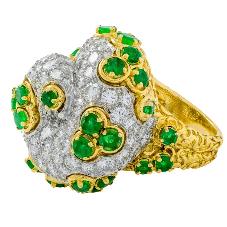 18K Yellow Gold and Platinum Emerald Diamond Ring by André Vassort, French