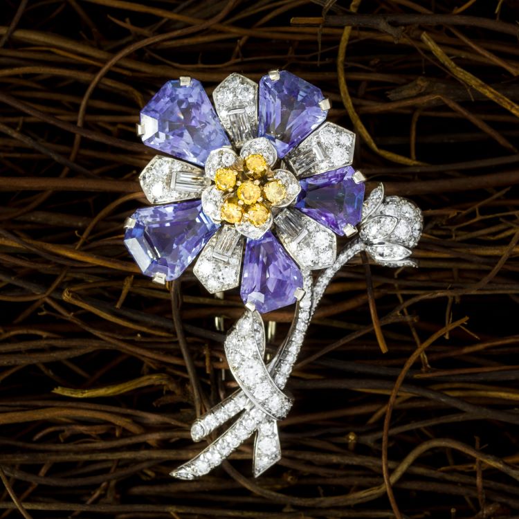 Platinum Sapphire Diamond Brooch by C D Peacock