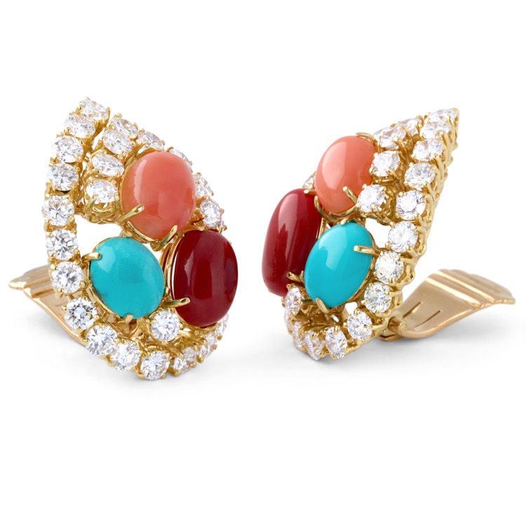 Coral, Turquoise and Diamond Earrings, 18 Karat Yellow Gold