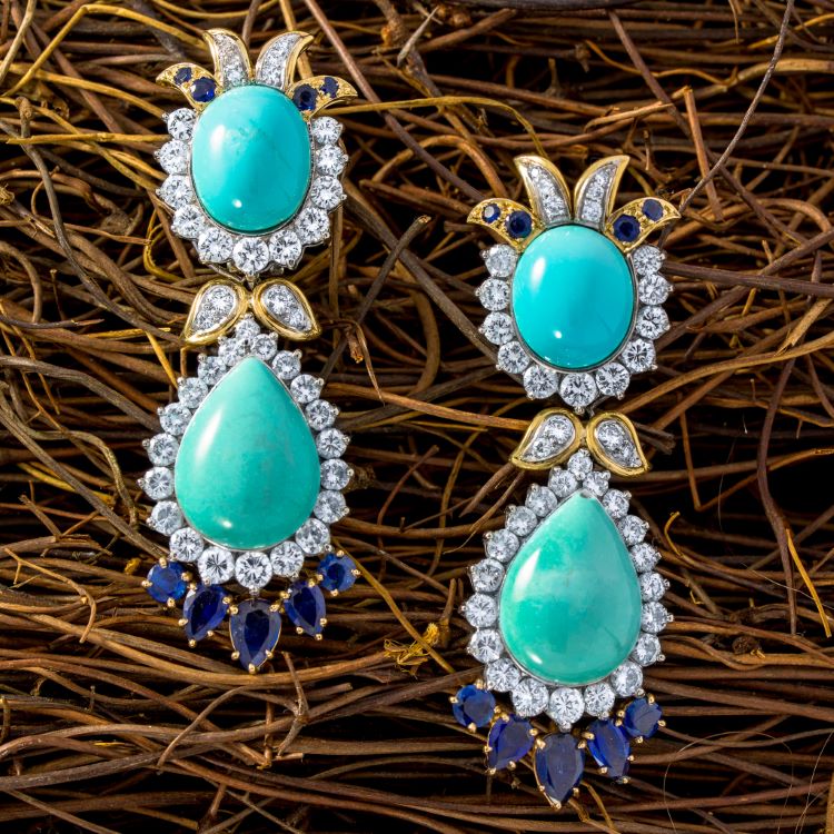 18 Karat Gold Turquoise, Sapphire and Diamond Day/Night Earrings