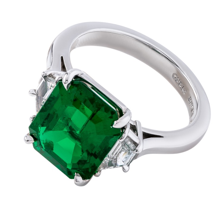 Colombian Emerald and Diamond Three Stone Ring, Platinum