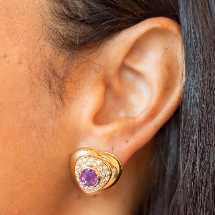 18 Karat Yellow Gold Pink Sapphire and Diamond Earrings
