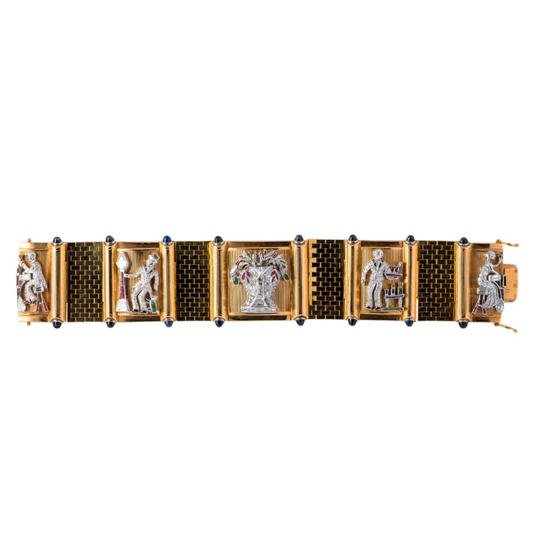 Retro Yellow Gold Bracelet with Art Deco Platinum Diamond and Gem Set Charms