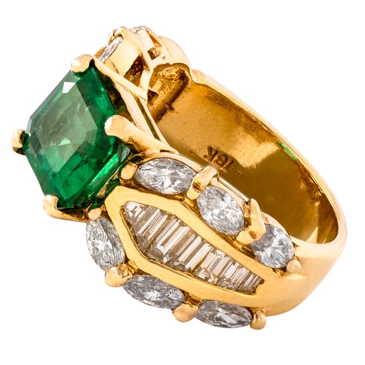 Emerald and Diamond Ring, 18 Karat Yellow Gold
