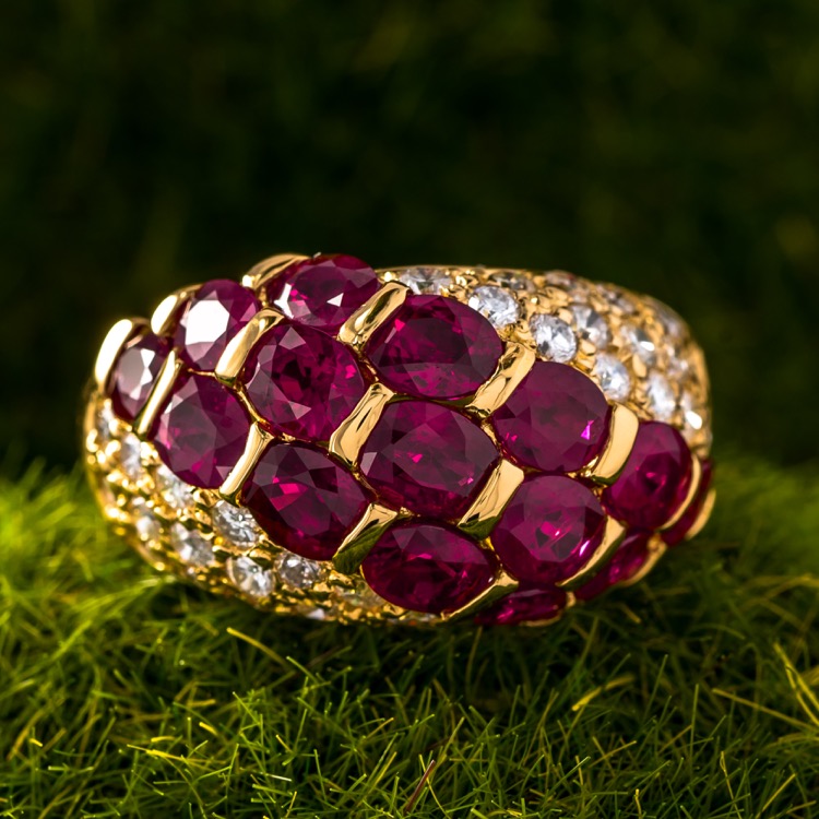 18 Karat Yellow Gold Ruby and Diamond Dome Ring